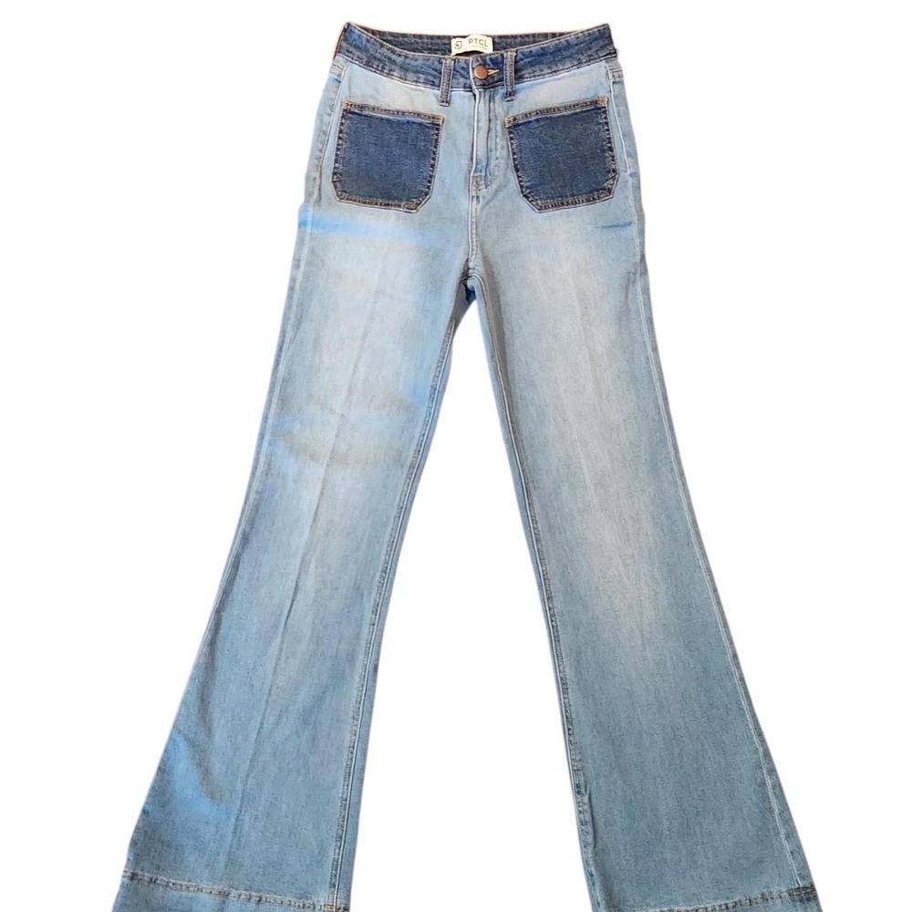 Retro 70s Flare Jeans Light Wash Blue High Rise 28 PTCL Holly Patch Pocket